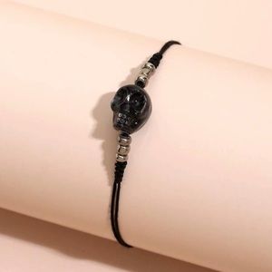 💀 Awesome Gun Black Skull Skeleton Metallic Beaded Adjustable Bracelet 💀